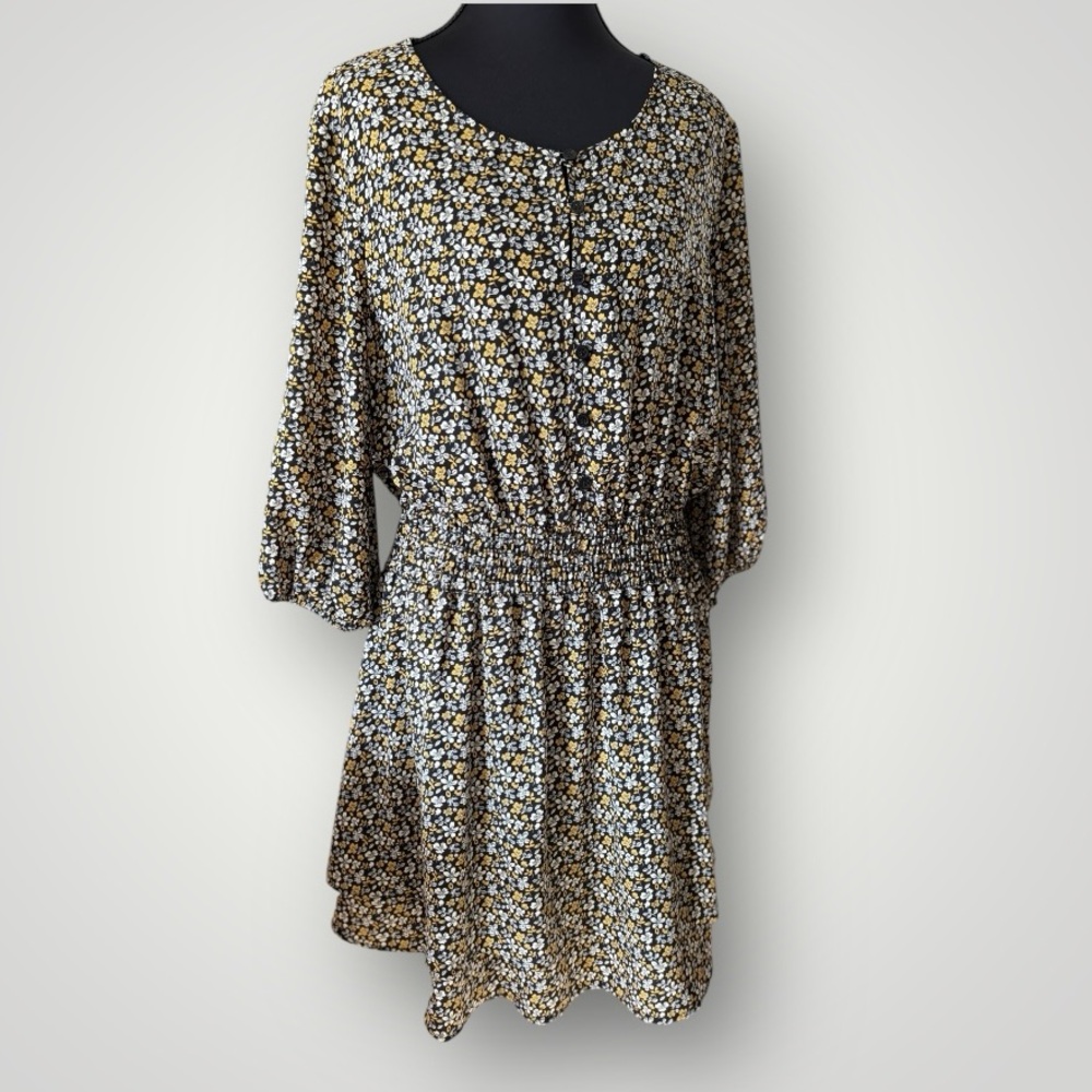 Rokoko Black Mustard Floral Tiered Ruffle Puff Sleeve Feminine Boho Dress Size L